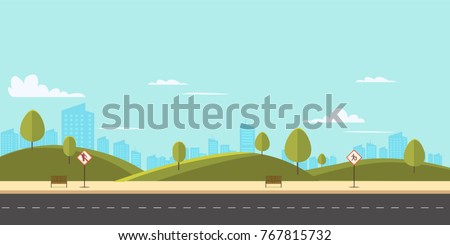 Street in public park with nature landscape and building background vector illustration.Main street scene with public sign vector.City street with sky background