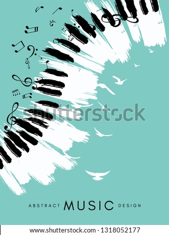 Piano concert poster. Music conceptual illustration. Abstract style blue background with hand drawn piano keyboard, flying notes and birds