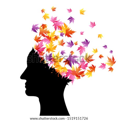 Man head with flying colorful autumn leaves . Vector decoration from scattered elements. Colorful isolated silhouette. Conceptual illustration.