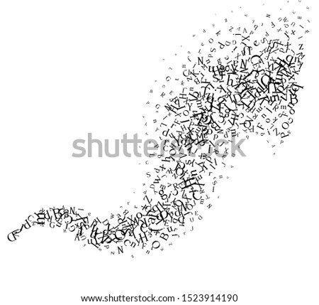 Curve line from flying letters. Vector decoration from scattered elements. Monochrome isolated silhouette. Conceptual illustration.