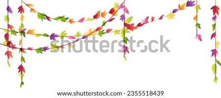 Garland from hanging plants with colorful autumn leaves. Simplistic horizontal foliage border. Vector isolated decoration element.