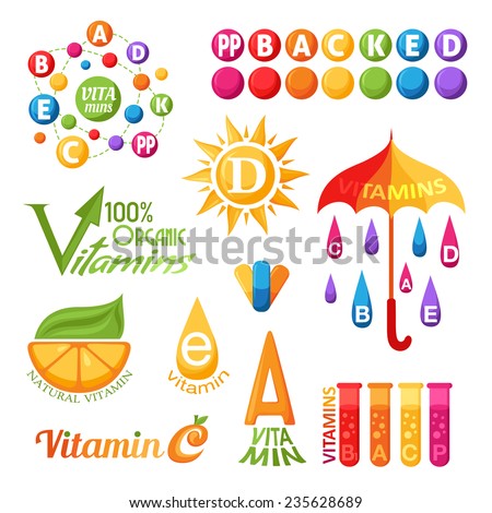 Vitamins symbols, emblems and icons for design