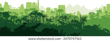 Dinosaur jungle background. Layered landscape with prehistoric rainforest. Parallax effect. Horizontal green panoramic backdrop with dinosaurs, mountains, palms, trees and bushes.