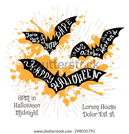 Halloween invitation banner with black shape of bats and calligraphic holiday wishes. Halloween retro hand lettering poster.