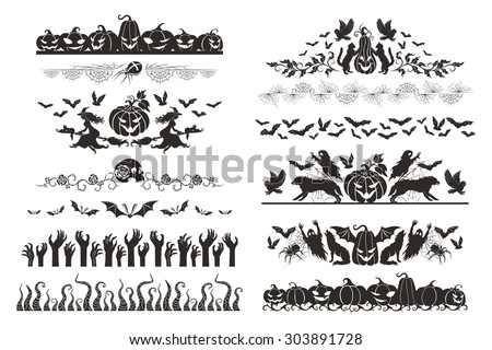 Halloween dividers collection. Horizontal borders with holiday objects and characters. Spiders, web, witches and pumpkins.