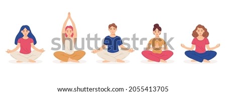 Meditating people. Female and male characters in yoga lotus posture, meditation practice concept cartoon vector illustration set. Flat mind and emotions harmony people 商業照片 © 