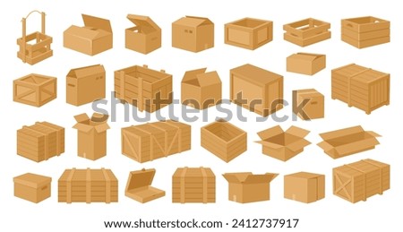 Wooden and cardboard boxes. Carton delivery packages, cargo shipping wooden boxes flat vector illustration set. Cartoon delivery package collection