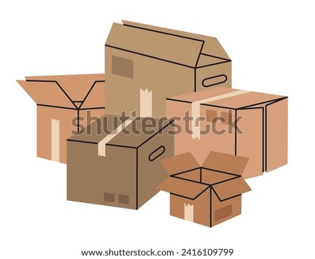 Hand drawn cardboard boxes. Stacked cargo boxes, packages pile, warehouse box stack. Moving or delivery concept flat vector illustration
