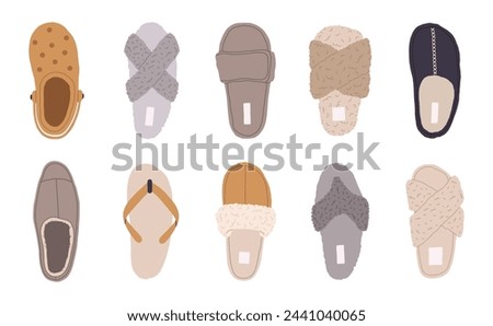 Cozy domestic slippers. Home soft and comfy footwear, fluffy slippers, flip flops and male and female textile house shoes flat vector illustration set. Indoor footwear collection