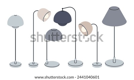 Electric floor lamps. Hand drawn modern floor lamps, torchiere light decor, cozy home electrical equipment flat vector illustration set. Floor lamps on white