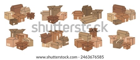 Boxes piles. Stacked cardboard boxes, cargo warehouse box stack, delivery or moving containers flat vector illustration set. Hand drawn boxes collection