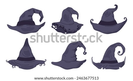 Halloween witch pointy hats. Spooky thorn wizard hats, trick or treat october party magic costume element flat vector illustration set. Hand drawn magician hats collection