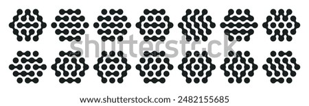 Abstract metaball hexagon shapes. Liquid spotted graphic design elements, connected liquid molecule figures flat vector illustration set. Modern tech metaball icon shapes