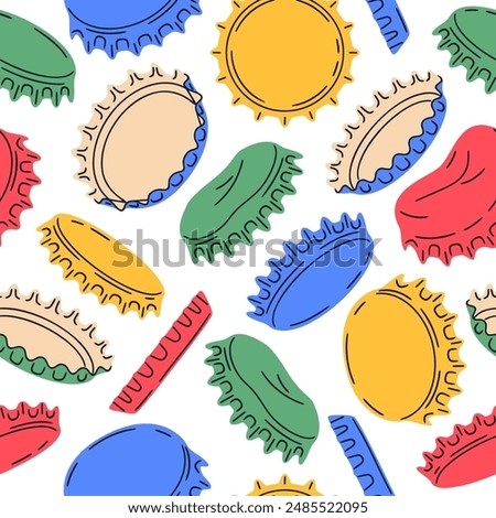 Bottle caps seamless pattern. Metallic lid for glass container with beverages endless design, beer or soda glassware bottle cap flat vector background illustration. Colorful metallic caps pattern