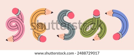 Curved funny pencils. Twisted intertwined yellow simple pencil, cute school supplies isolated flat vector illustration set. Hand drawn funky twisted pencils