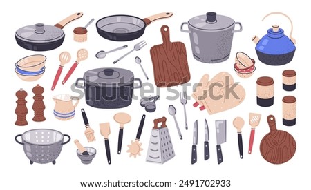 Kitchen utensils. Cooking and baking tools, cutting board, teapot, pans, cutlery, household kitchenware flat vector illustration set. Hand drawn kitchen equipment collection