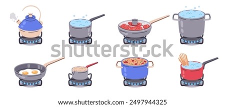 Cooking pans and pots on gas burners. Kitchen food preparing, boiling water, soup and porridge, fried eggs and meet on stove flat vector illustration set. Dinner or breakfast cook on gas stove