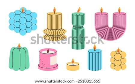 Cute aroma candles. Burning aromatic candles, wax decorative candles, home interior decor and aromatherapy flat vector illustration set. Colorful candles collection