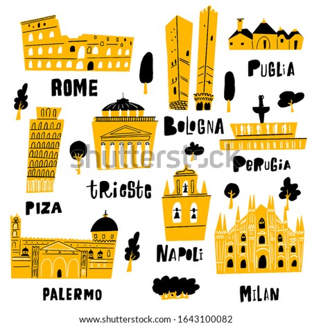 Vector illustration of different attractions and landmarks of Italy. Lettering.