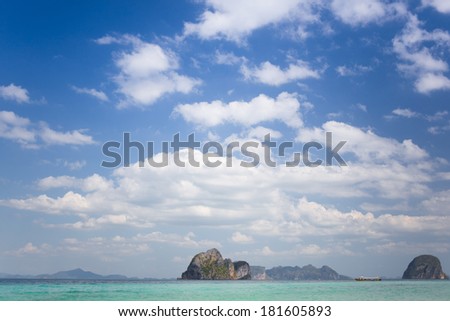 Panorama beautiful sea, sky, cloud and beach. Far away island. Summer traveling in Thailand