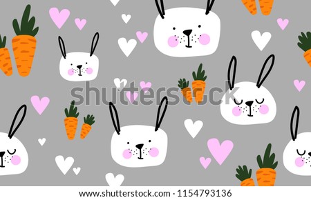 Seamless Pattern With Carrots And Cartoon Rabbits For Fabric T Shirts Bunny