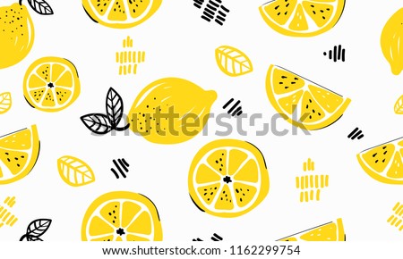 Seamless bright light pattern with Fresh lemons for fabric, drawing labels, print on t-shirt, wallpaper of children's room, fruit background. Slices of a lemon doodle style cheerful background.