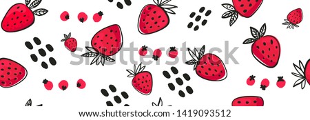 Vector Seamless bright light pattern Strawberry doodle style fresh fruit healthy food.  