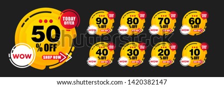 Mega Sale tags set vector yellow badges template for Super Sale special offer banner, up to 90 50 30 60% off. Sale banner modern template design Vector illustration.