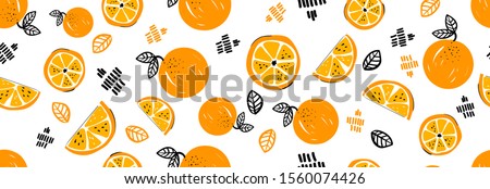 Seamless bright light pattern with Fresh oranges for fabric, drawing labels, print on t-shirt, wallpaper of children's room, fruit background. Slices of orange doodle style cheerful background.