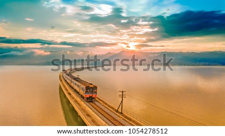 Similar – Image, Stock Photo Amazing view of railroad on dark forest