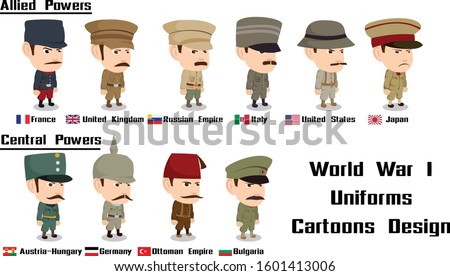 world war 1 Allied Powers France United Kingdom Russian  Italy United States  Japan Central Powers  Austria Hungary Germany Ottoman Empire Bulgaria uniforms Cartoons Design 