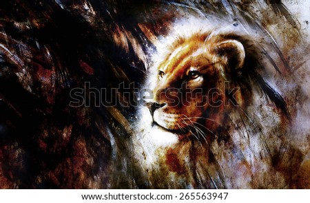 lion portrait on abstract colorful background with bird  feathers pattern and rust effec, black, gold, white color
