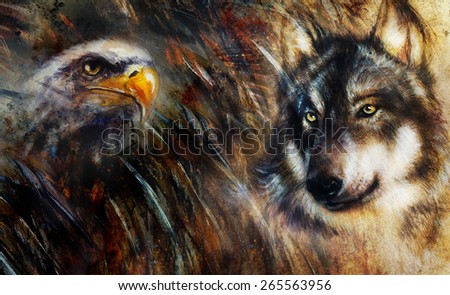  Wolf and eagle color painting, feathers background, multicolor collage illustration.