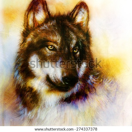  Wolf painting, color  background on paper , multicolor illustration.