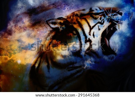 tiger painting collage on abstract cloud background, wildlife animals.