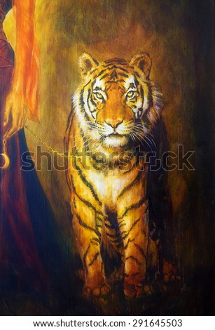 Tiger on a leash  and woman hand, color oil painting .