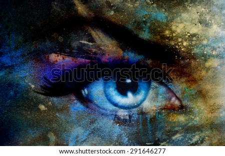 Blue woman eye with violet and pink day makeup. Color painting.