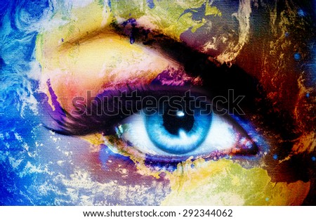Planet Earth and blue human eye with violet and pink day makeup. Eye painting