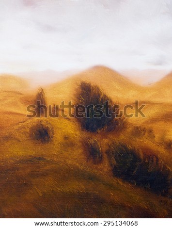 Landscape painting. Miscellaneous and trees. \
  Mountains in the background.