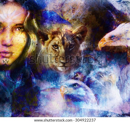 Lion cub and woman with eagles Abstract Collage. Eye contact. Abstract structure background