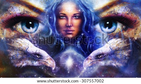 Goddess Woman in space with light stars and eagles head, eyes women. Eye contact, Abstract color background
