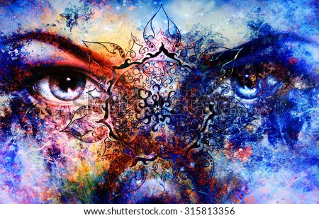 Blue goddess women eye, multicolor background with oriental mandala ornament. eye contact