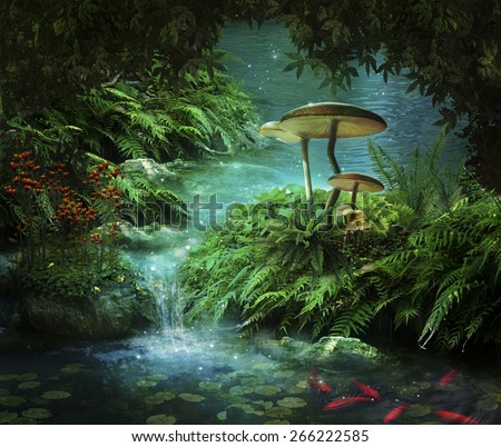 view of fantasy river with a pond, red fishes and mushroom