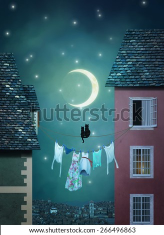 Two cats on a rope are looking at the moon in a town at night