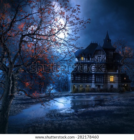 mysterious house in the night with the moon illuminating the scenery