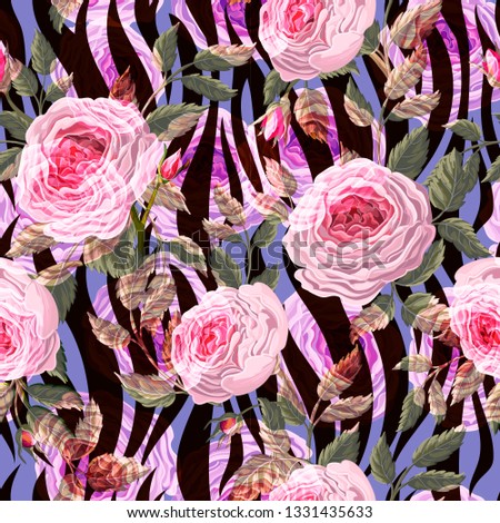 Seamless pattern with English roses and zebra skin. 