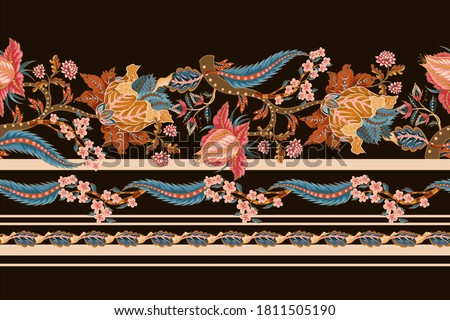 Seamless border with Indian ethnic ornament elements. Folk flowers and leaves for print or embroidery