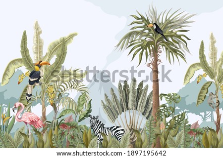 Pattern with jungle animals, flowers and trees. Vector