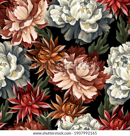 Ornate seamless pattern with vintage peonies, roses and 
chrysanthemums. Vector