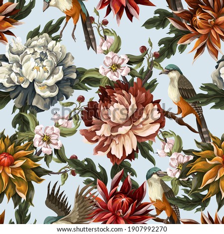 Ornate seamless pattern with vintage peonies, roses and birds. Vector